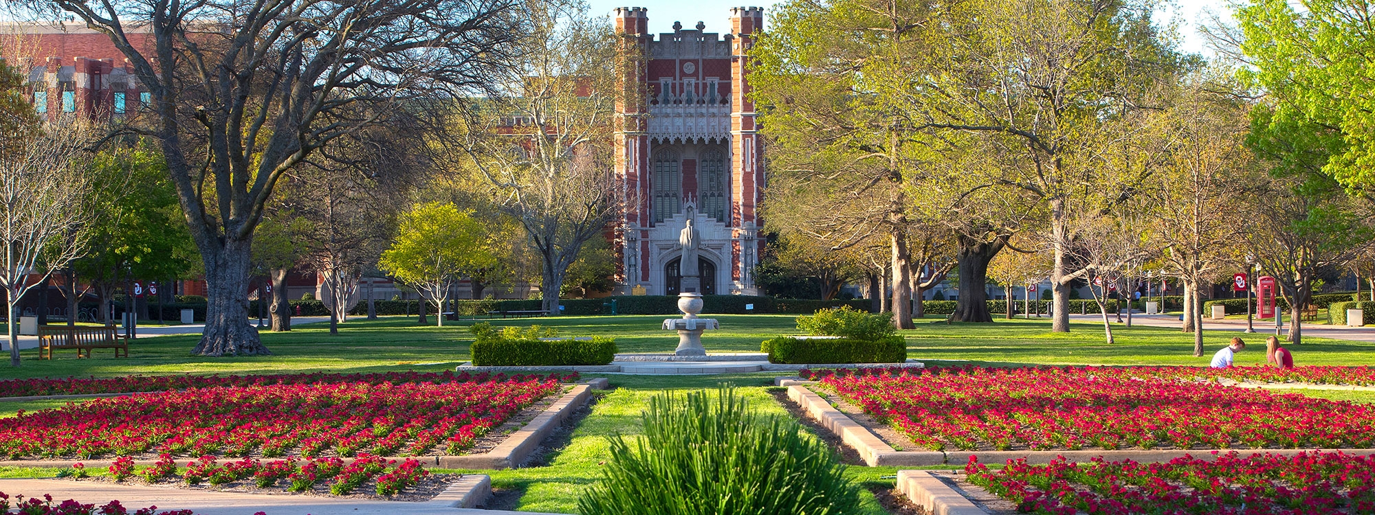 Evans Hall in the background, with red flowers in the foreground.