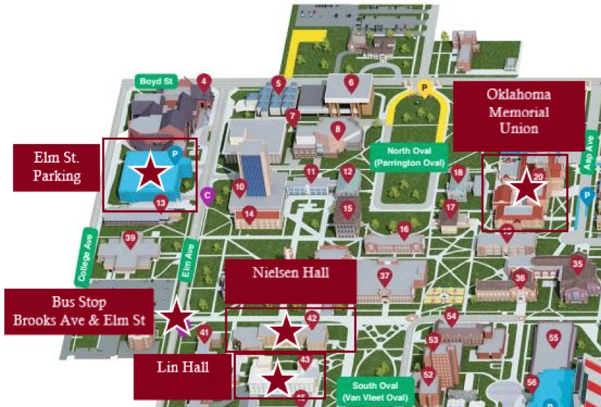 Zoomed-in picture of the University of Oklahoma campus map with the Oklahoma Memorial Union, Elm St. Parking, Nielsen Hall, and Lin Hall highlighted.