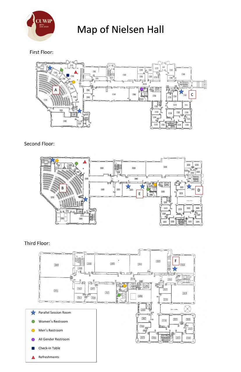 Map of Nielsen Hall indicating where restrooms, parallel sessions, check-in desk, and all restrooms are located.