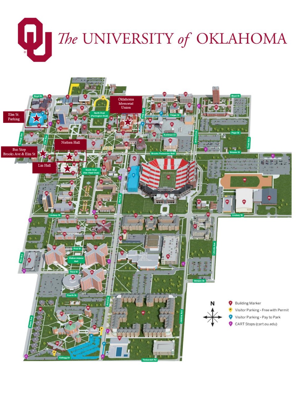 University of Oklahoma campus map with the Oklahoma Memorial Union, Elm St. Parking, Nielsen Hall, and Lin Hall highlighted.