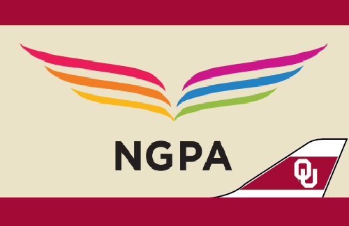 The graphic has a top and bottom crimson border with an OU tailplane on the bottom right. The National Gay Pilots Association's Rainbowwings logo in the middle on top of the color cream.