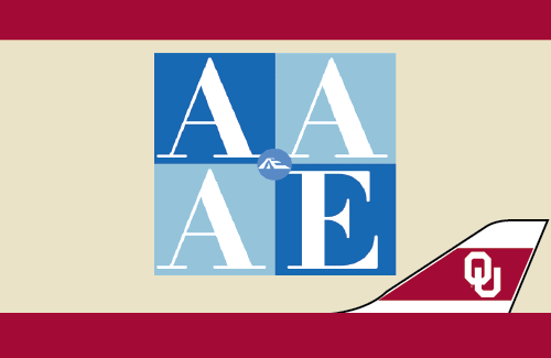 The graphic has a top and bottom crimson border with an OU tailplane on the bottom right. The AAAE blue square logo in the middle on top of the color cream.