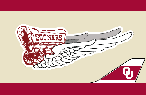 The graphic has a top and bottom crimson border with an OU tailplane on the bottom right. A logo of the Sooner Schooner with Wings on the lower half in the middle on top of the color cream.