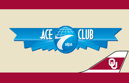 The graphic has a top and bottom crimson border with an OU tailplane on the bottom right. The Ace Club bue winged logo in the middle on top of the color cream.