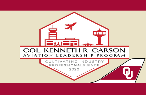 The graphic has a top and bottom crimson border with an OU tailplane on the bottom right. The Colonel Kenneth R. Carson Aviation Leadership program logo in the middle on top of the color cream.