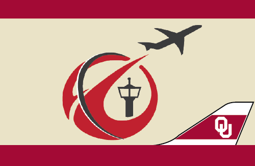 The graphic has a top and bottom crimson border with an OU tailplane on the bottom right. A logo with half red circle with a control tower off-centered and a plane moving to the right in the middle on top of the color cream.