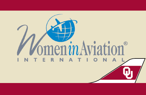 The graphic has a top and bottom crimson border with an OU tailplane on the bottom right. The Women in Aviation International logo in the middle on top of the color cream.