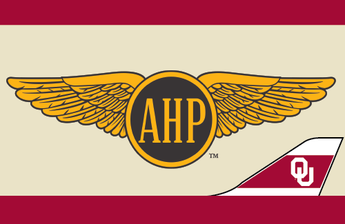 The graphic has a top and bottom crimson border with an OU tailplane on the bottom right. The Alpha Eta Rho Golden wings logo in the middle on top of the color cream.