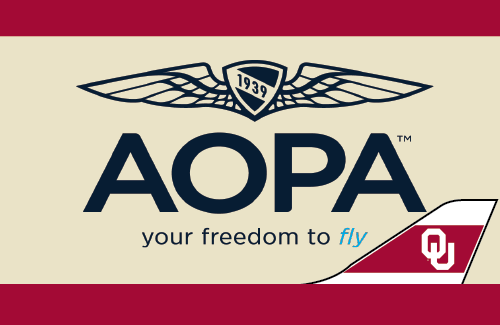 The graphic has a top and bottom crimson border with an OU tailplane on the bottom right. The AOPA logo in the middle on top of the color cream.