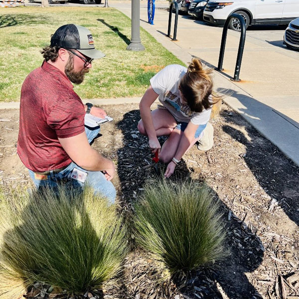 Two students working on a pair of bushes outdoors. 
