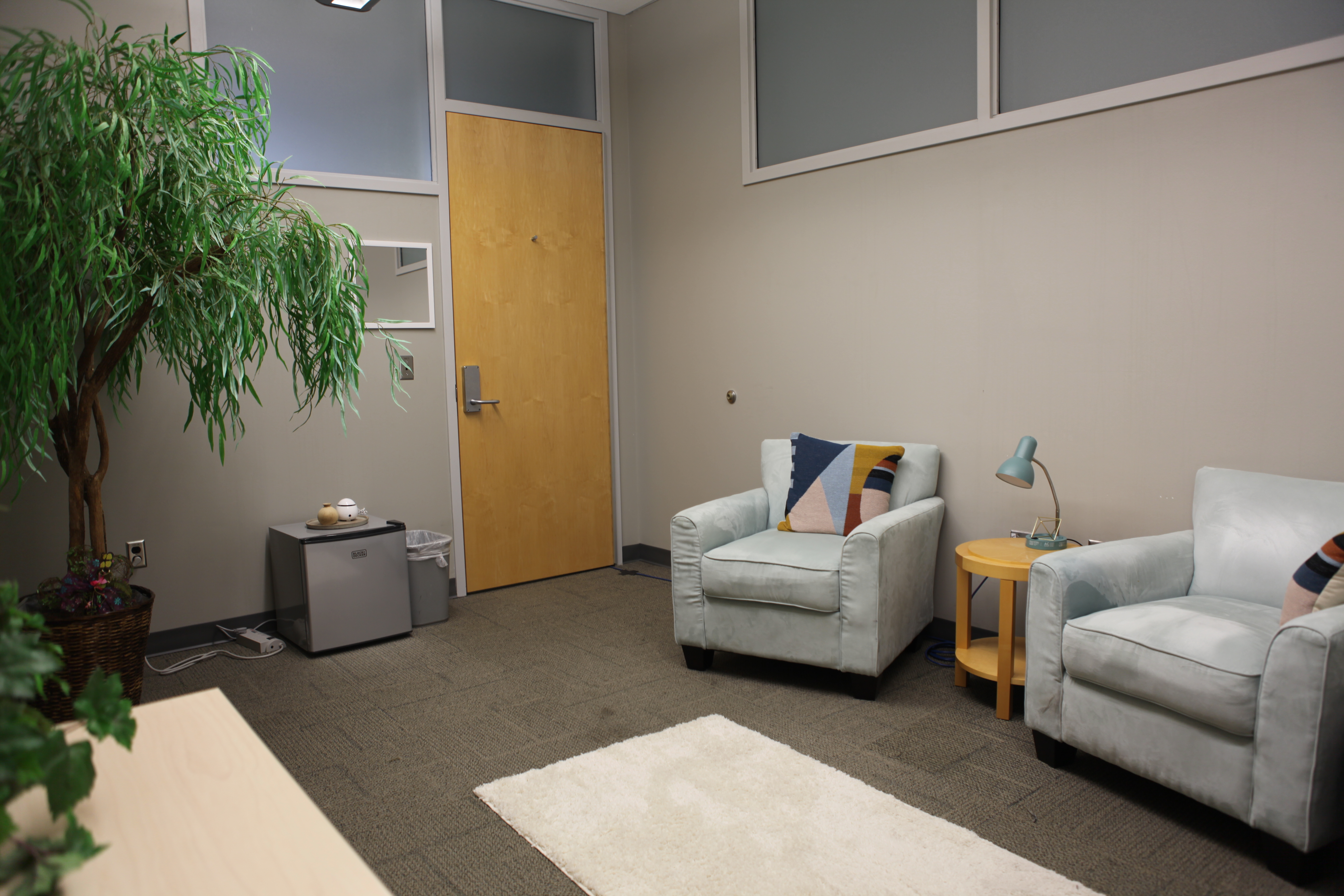 The NWC private office amenities shown include comfy a green "fake" tree, chairs, storage and a mini fridge. 