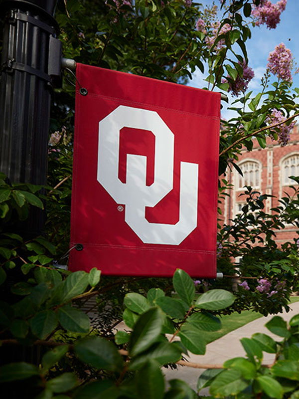 An OU flag on a lamppost, surrounded by greenery and buildings.