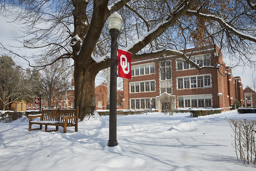 Buchanan Hall in the winter, with an O U flag on a lamppost in the foreground.