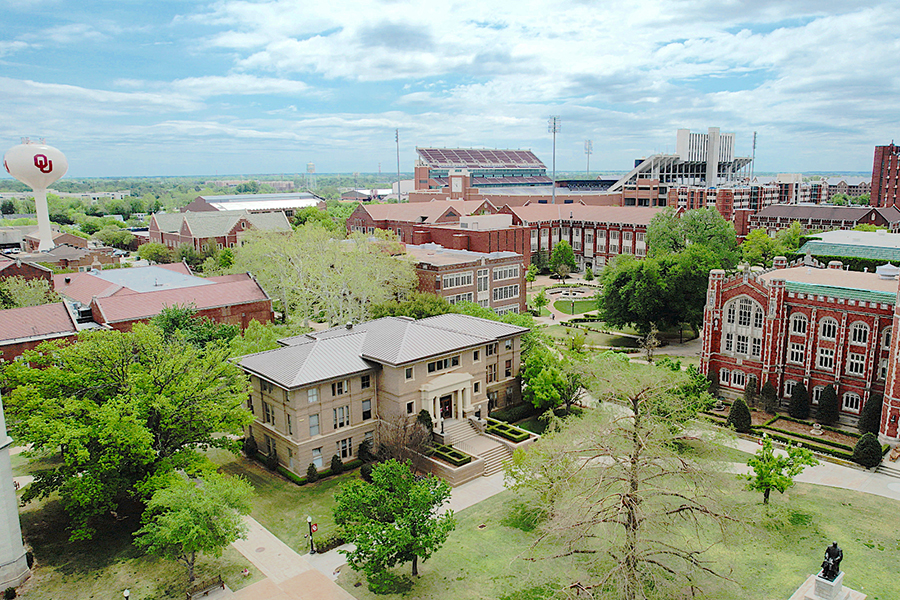 An aerial view of campus, including Evans Hall and the Carnegie Building.