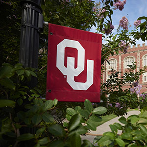 OU flag suspended from a pole.