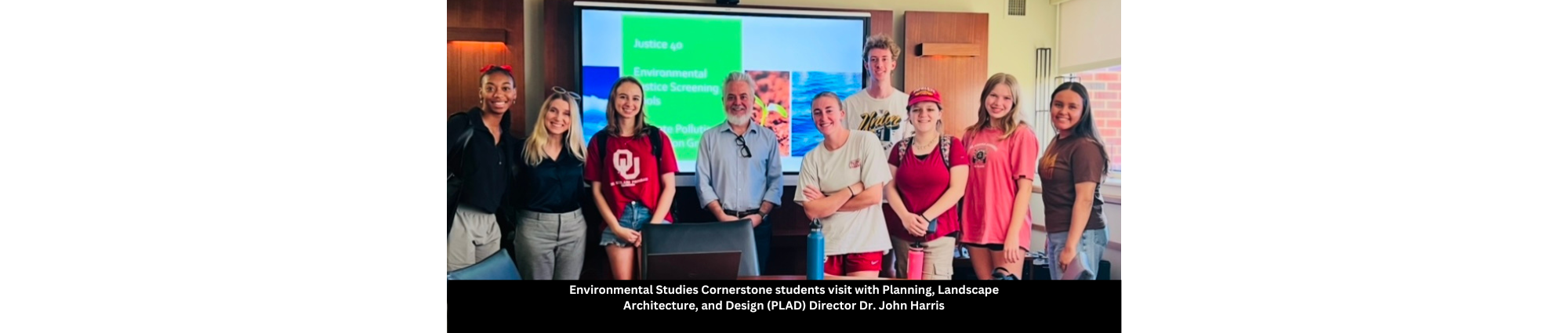 Environmental Studies Cornerstone students visit with Planning, Landscape Architecture, and Design (PLAD) Director Dr. John Harris to learn about applied environmental design and sustainability planning