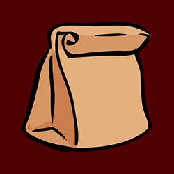 A brown paper bag with a crimson background.
