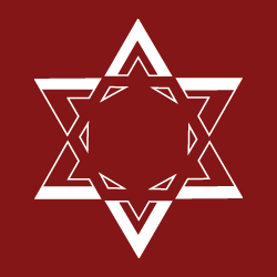 A stylized white Star of David on a crimson background.