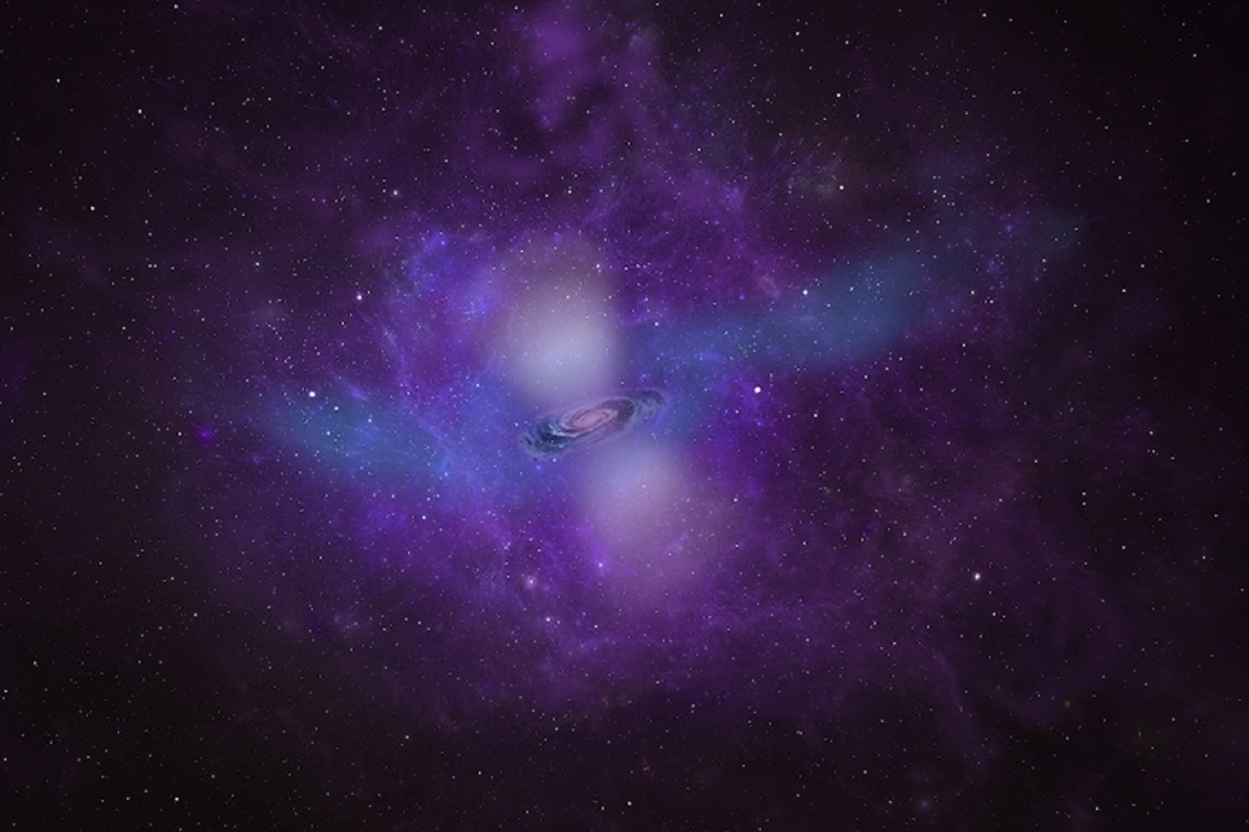 An artist's impression of a star-bursting galaxy with the surrounding CGM in white, blue, and purple.