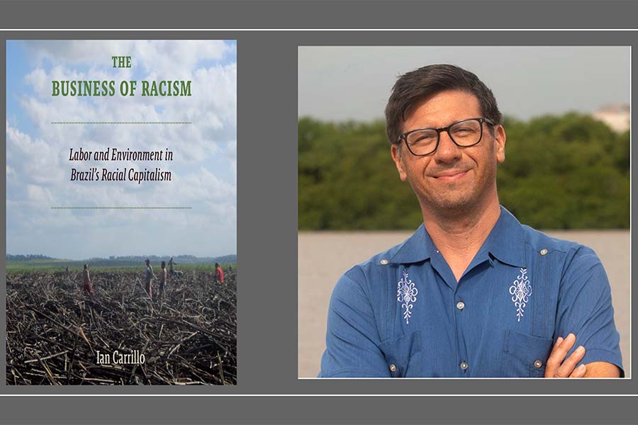 Ian Carrillo headshot side by side with book cover for Business of Racism