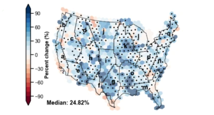 Continental U.S. Map showing areas of increased flashy floods.