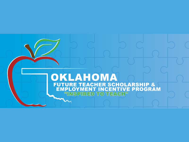 blue rectangle with the red outline of an apple and the words "Oklahoma Future Teacher Scholarship & Employment Incentive Program"