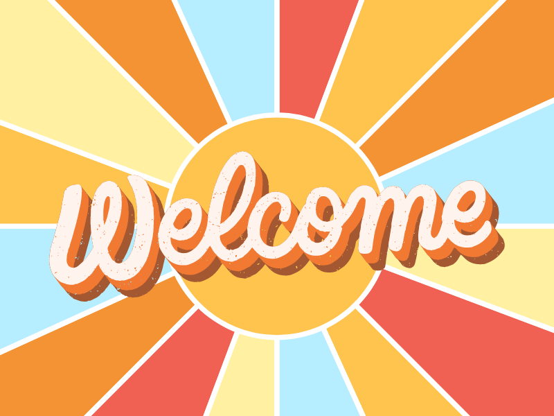 a multicolor sign with a circle in the middle like a sun and the word "Welcome"