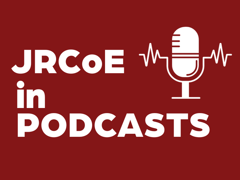 JRCoE in Podcasts with a picture of a microphone on a crimson background