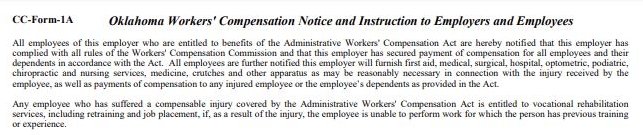 Oklahoma Workers' Compensation Notice and Instruction to Employers and Employees document header.