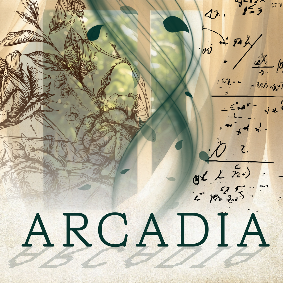 View of a garden from a window overlaid with ivy, a wispy teal swirl, and mathematical equations.