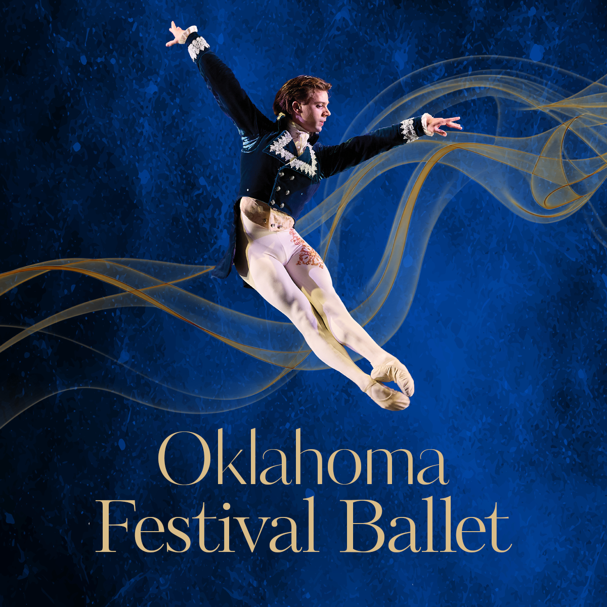 Male dancer in mid-jump with blue background and some gold swirls