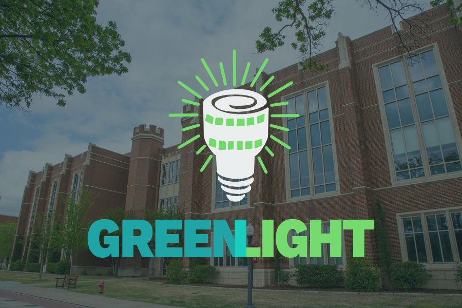 Greenlight Creative Productions logo overlaying Gaylord building on OU campus.