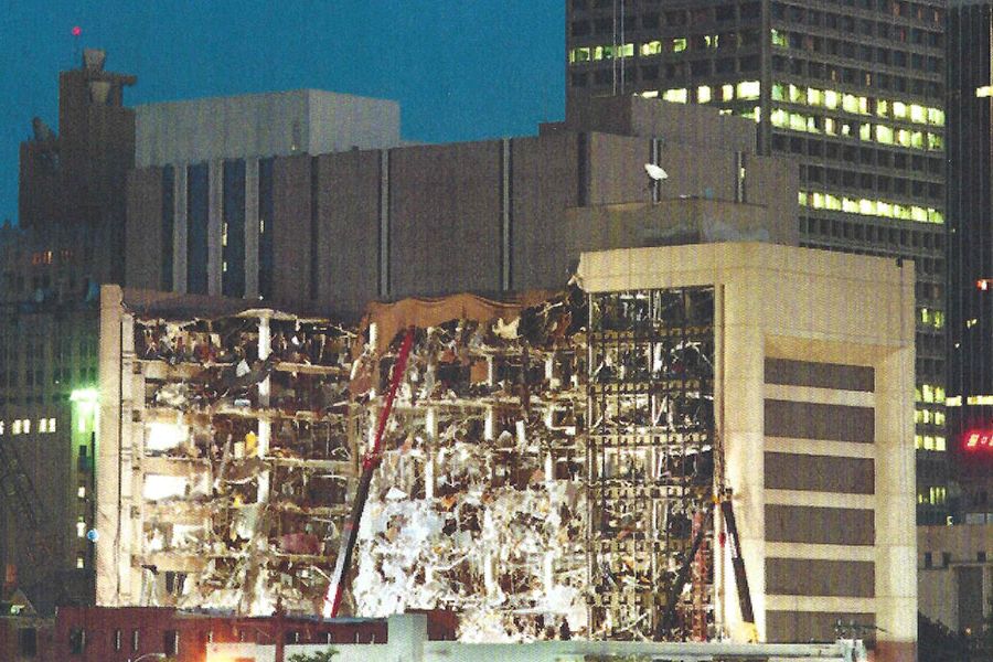 Alfred P. Murrah building after bombing occurred in Oklahoma City. Shows how the building was peeled open after the bombing on April 19, 1995.