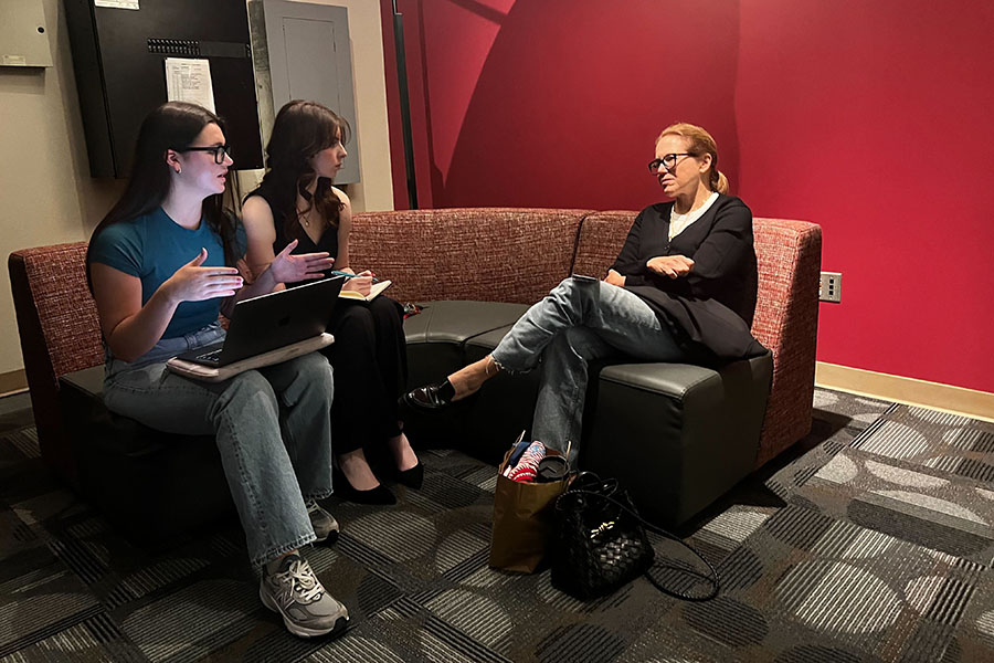 Gaylord College students Emma Rowland and Hannah Lisenbee interviewing Katie Couric while she was on the OU campus for the American Bombing screening.