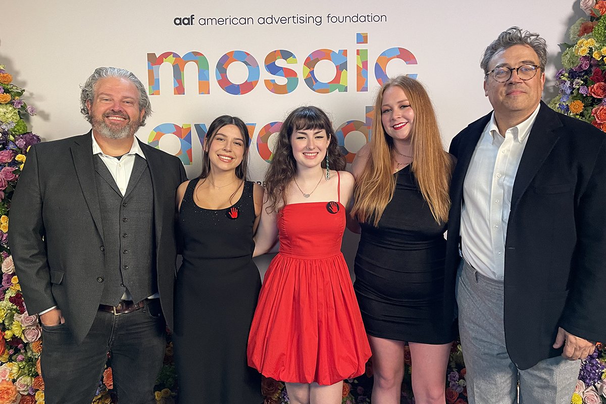 Students Madeline Campion, Carlie Langlois, and Skylar Gardner are joined by Gaylord Faculty, Ray Claxton and Tom Patten at the 2023 Mosaic Awards in New York City.