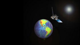 A rendering of the GeoCarb instrument orbiting around the earth, showing CO2 measurements above North and South America.
