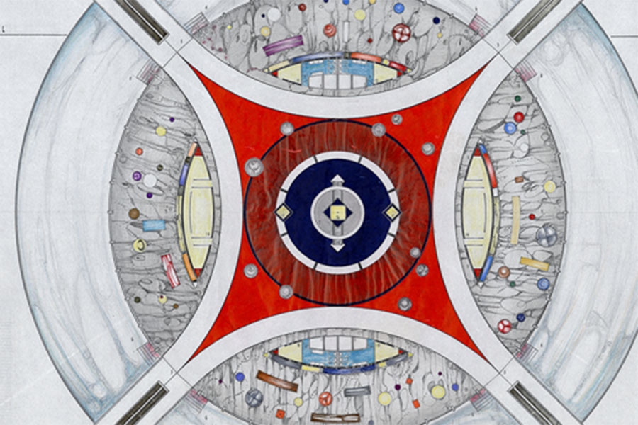 Gene Williams' design for an airport terminal, featuring concentric circular elements.