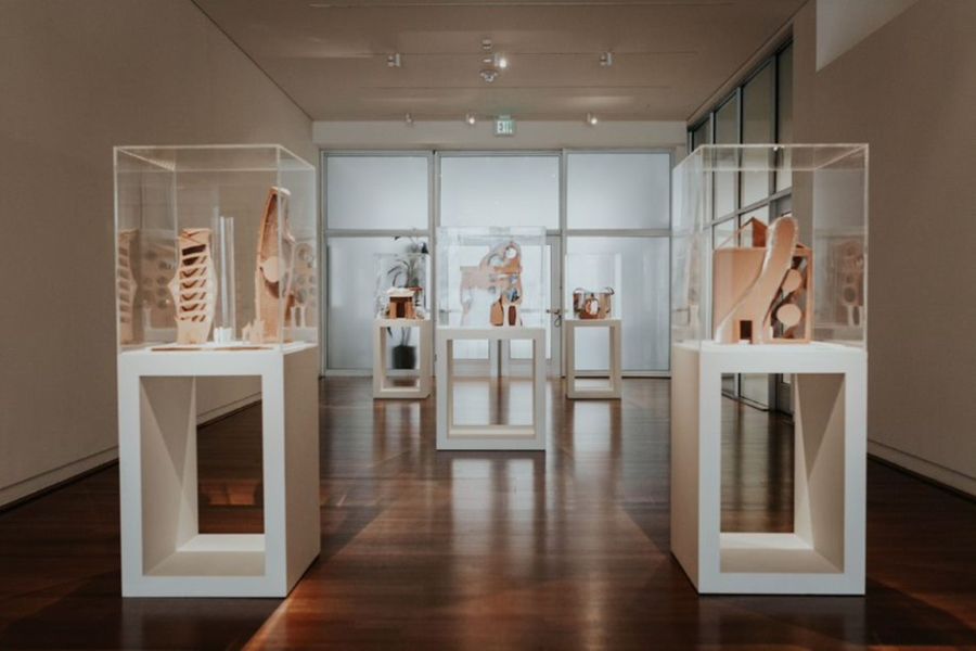 Architectural models in display cases.