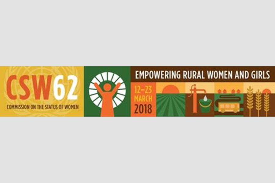 The logo for the 62nd U N Commission on the Status of Women from March 12, 2018 to March 23, 2018 with the theme Empowering Rural Women and Girls.