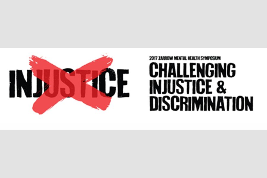 The logo for the 2017 Zarrow Mental Health Symposium featuring the word Injustice with a large red X over it and the text "Challenging Injustice and Discrimination".