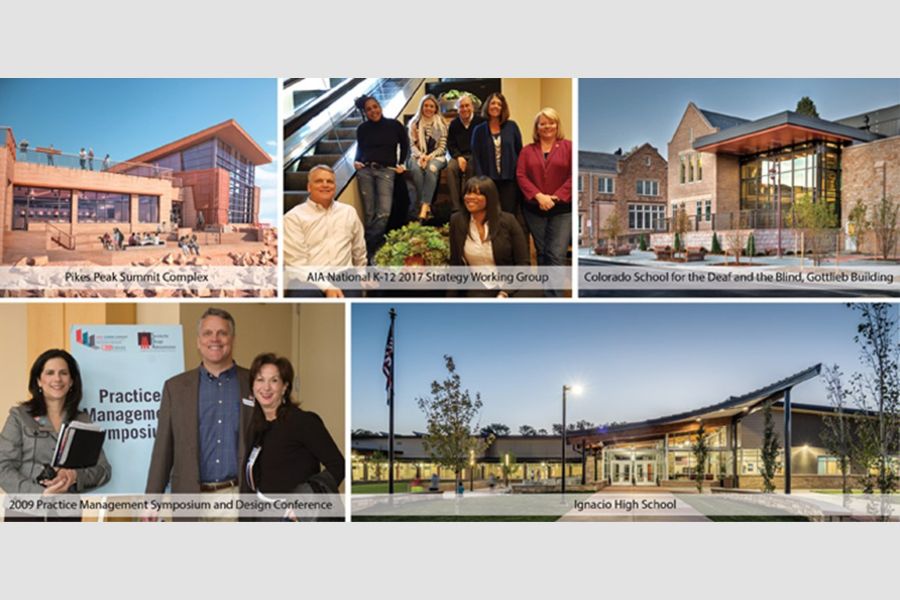 A collage of images including Pikes Peak Summit Complex, Ignacio High School, the Colorado School for the Deaf and the Blind Gottlieb Building, an A I A working group, and a practice management symposium.