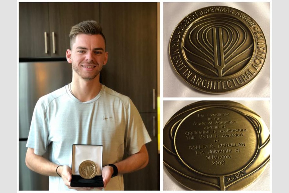 Collin Abdallah with his Robert Bradford Newman Medal for Merit in Architectural Acoustics.