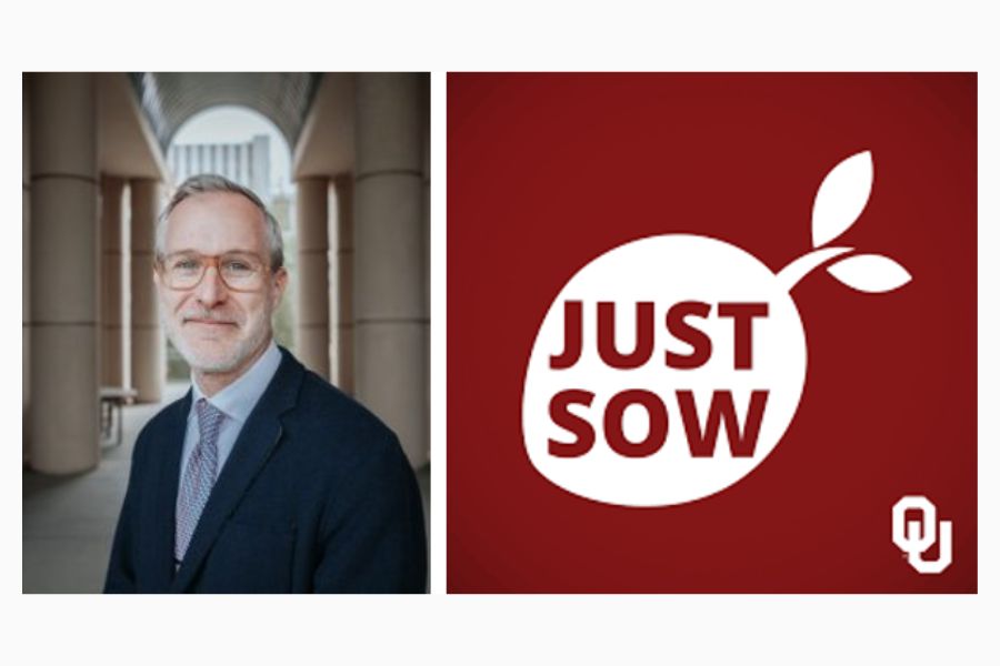 Headhshot of a professor in a suit on the left with an icon of a peach with the words "just sow" inside