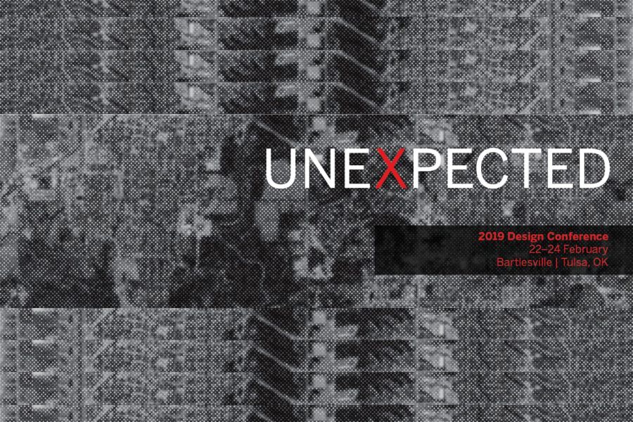 Digital map banner with the words "unexpected" superimposed as a title along with 2019 design conference 22 through 24 Feb in Bartlesville, O K