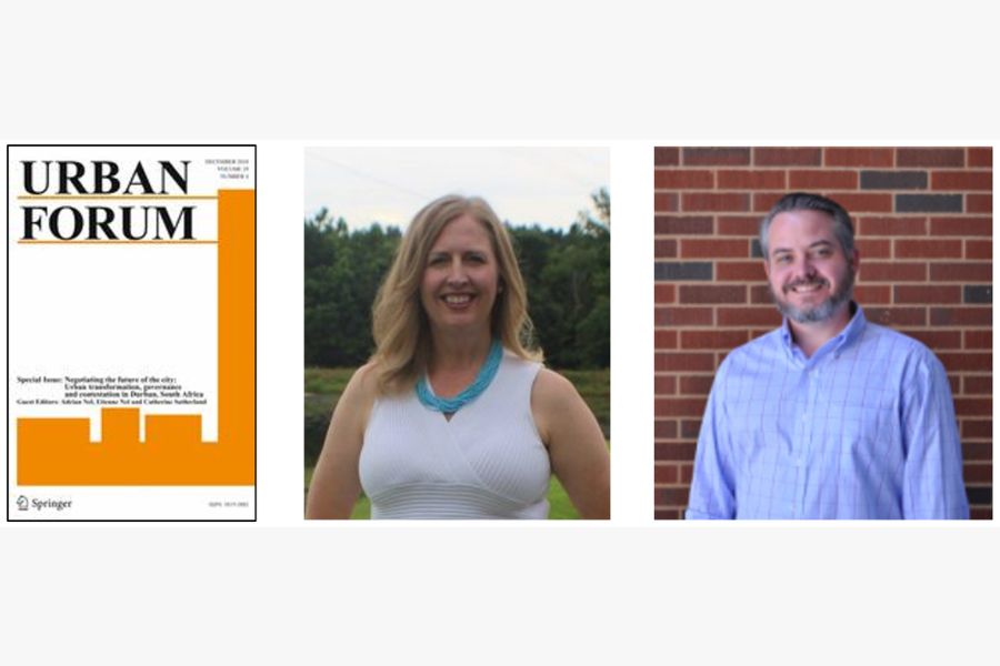 Three shots side by side, moving from left to right, the cover of the urban forum journal, followed by headshots of sarah little and john harris