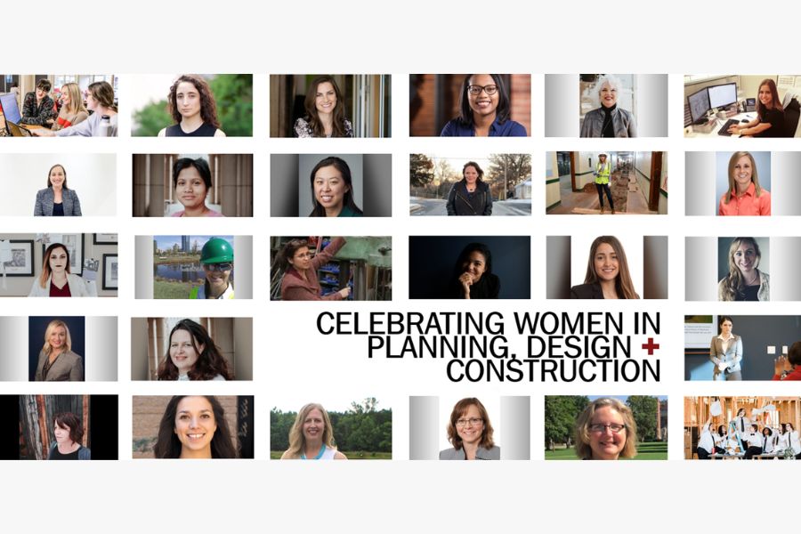 Collage of portraits of women with the heading celebrating women in planning design and construction