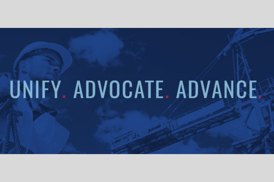 Photo of a construction worker in a hardhat faded in the background with the words unity advocate and advance bolded in the foreground