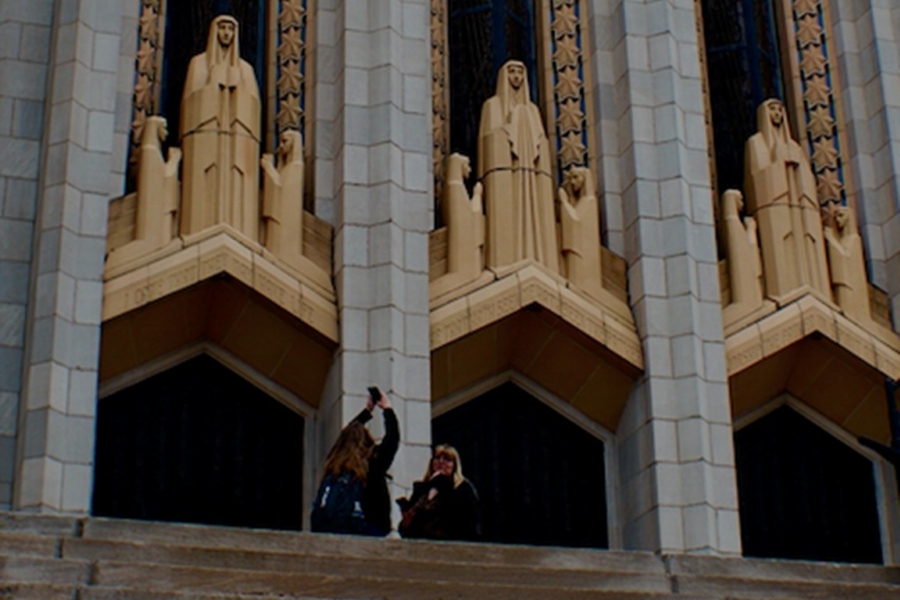 Students admiring Boston Avenue Methodist Church.