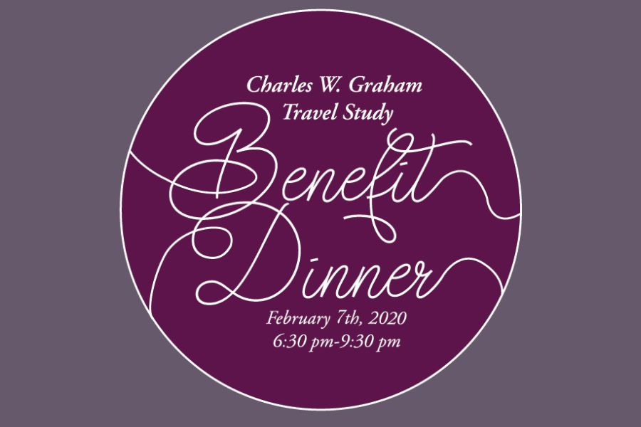 a flyer that says "charles w graham travel study benefit dinner february 26 2020 6:30 pm to 9:30 pm"