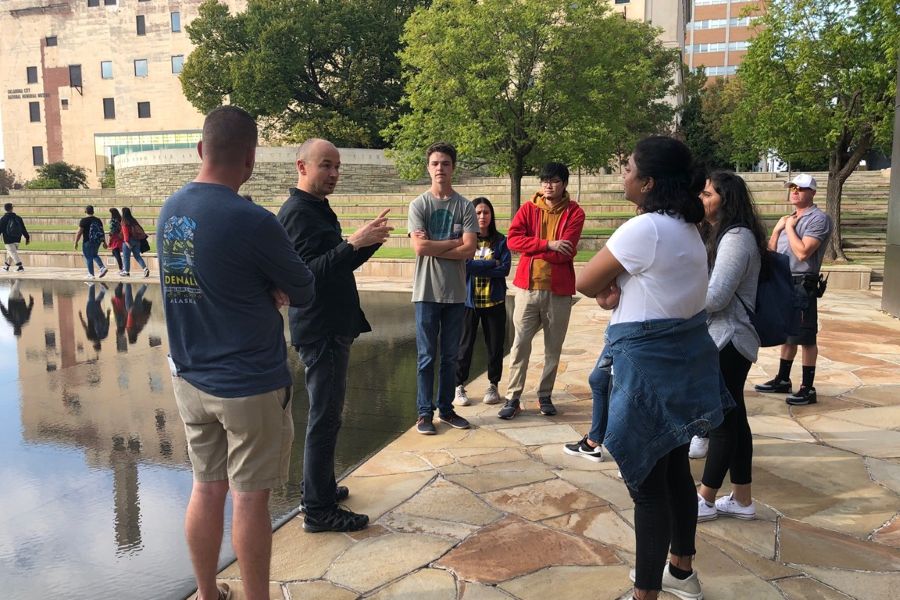 Students tour the Oklahoma City National Memorial with Dean Hans Butzer.